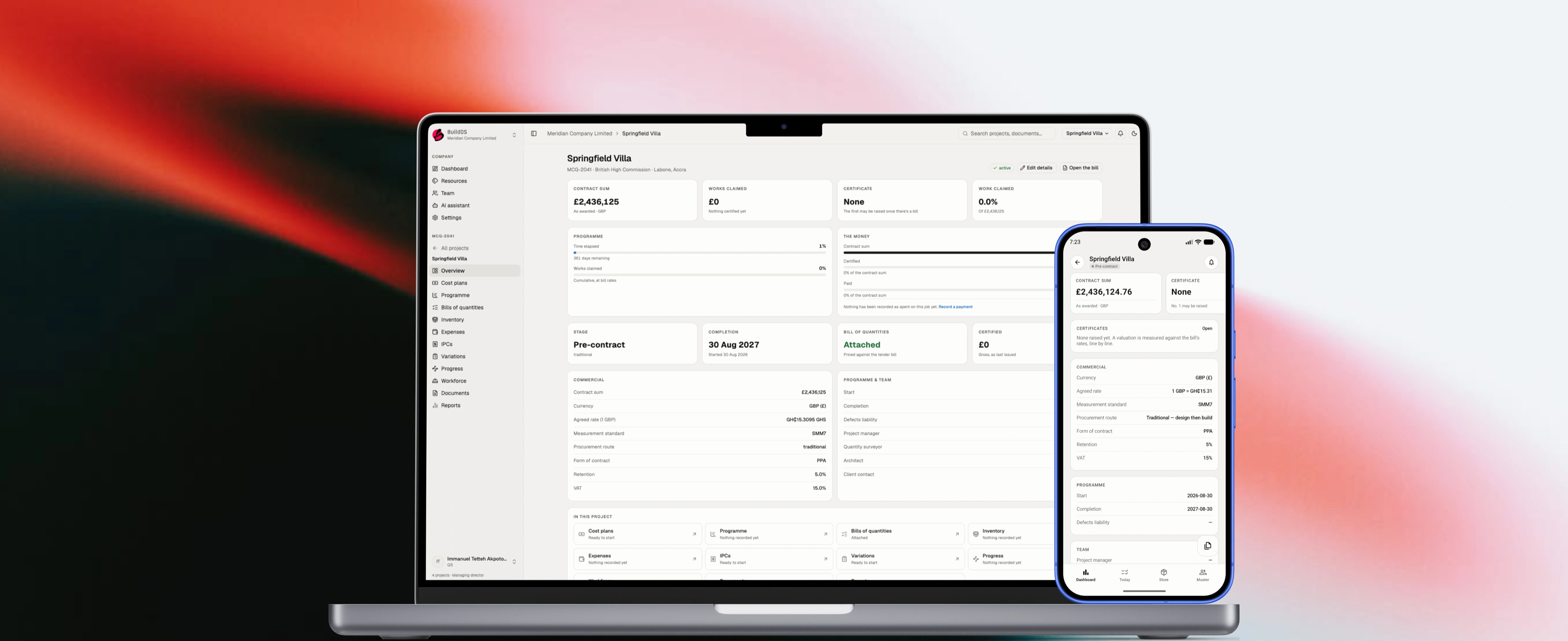 The Asterix web dashboard and mobile app side by side, showing the same project data kept in sync between office and site.